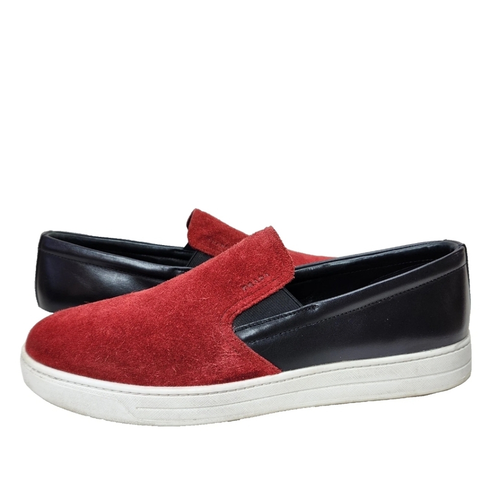 PRADA Red Suede Black Leather Sneakers Sz 11.5 US/10.5 UK COA Slip-On Loafer